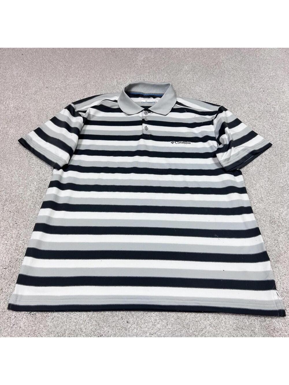 Columbia Polo Men’s Gray White Striped Short Sleeve Size Large